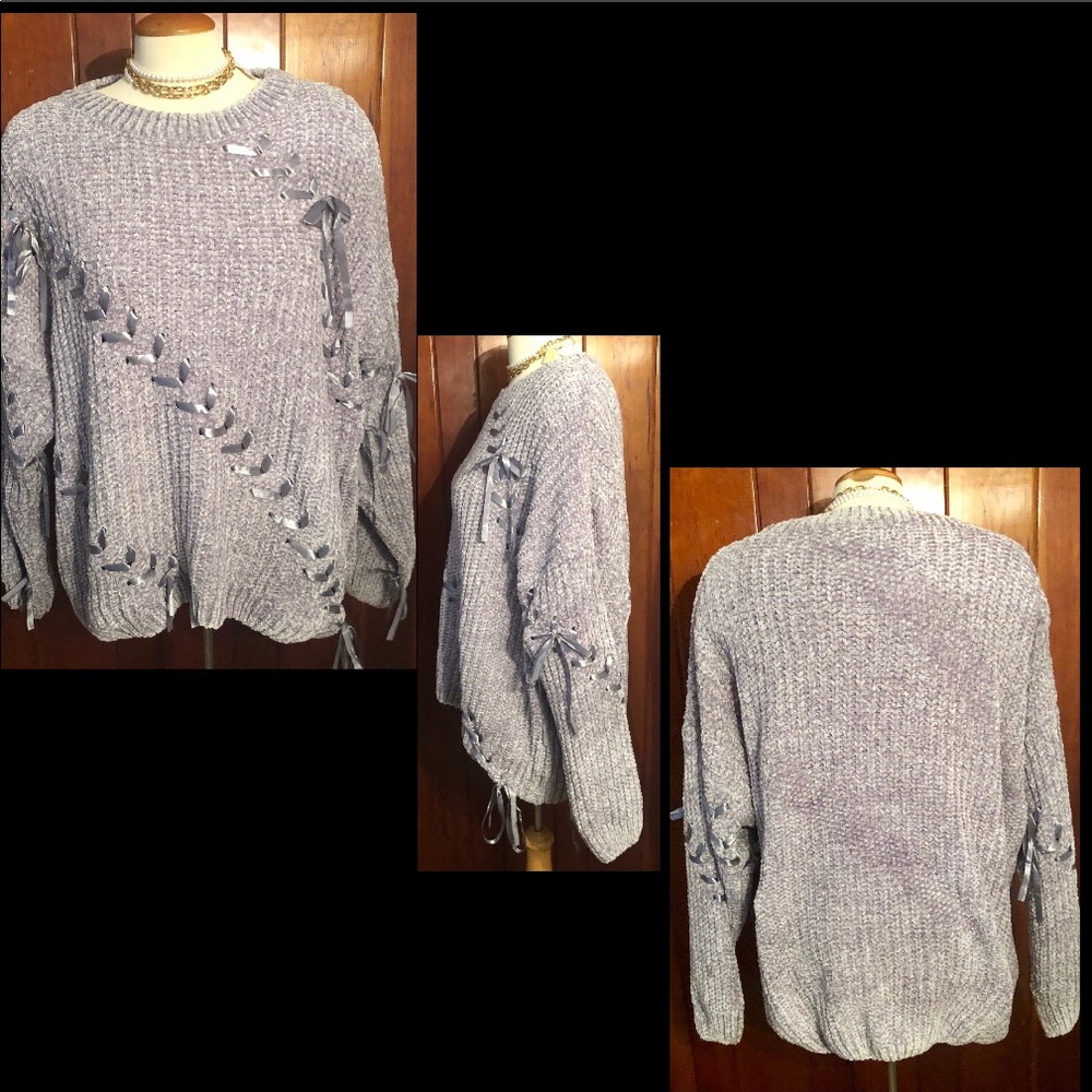 PLUS GREY SATIN LACED RIBBON SWEATER - Picture 6 of 9